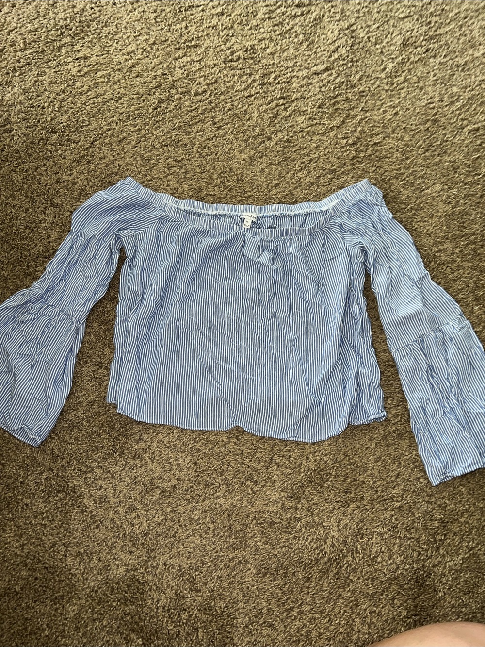 love, Fire Blue & White Striped Off-Shoulder Bell Sleeve Top